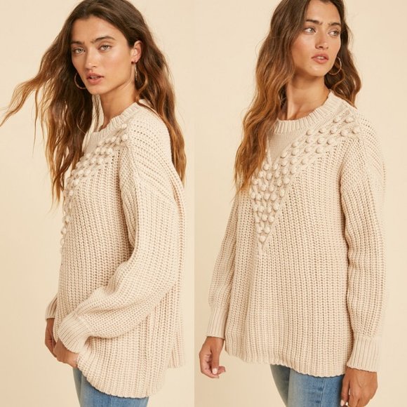 NEW Cotton Blend Chevron Pom Pom Knit SOFT Sweater - Picture 2 of 10